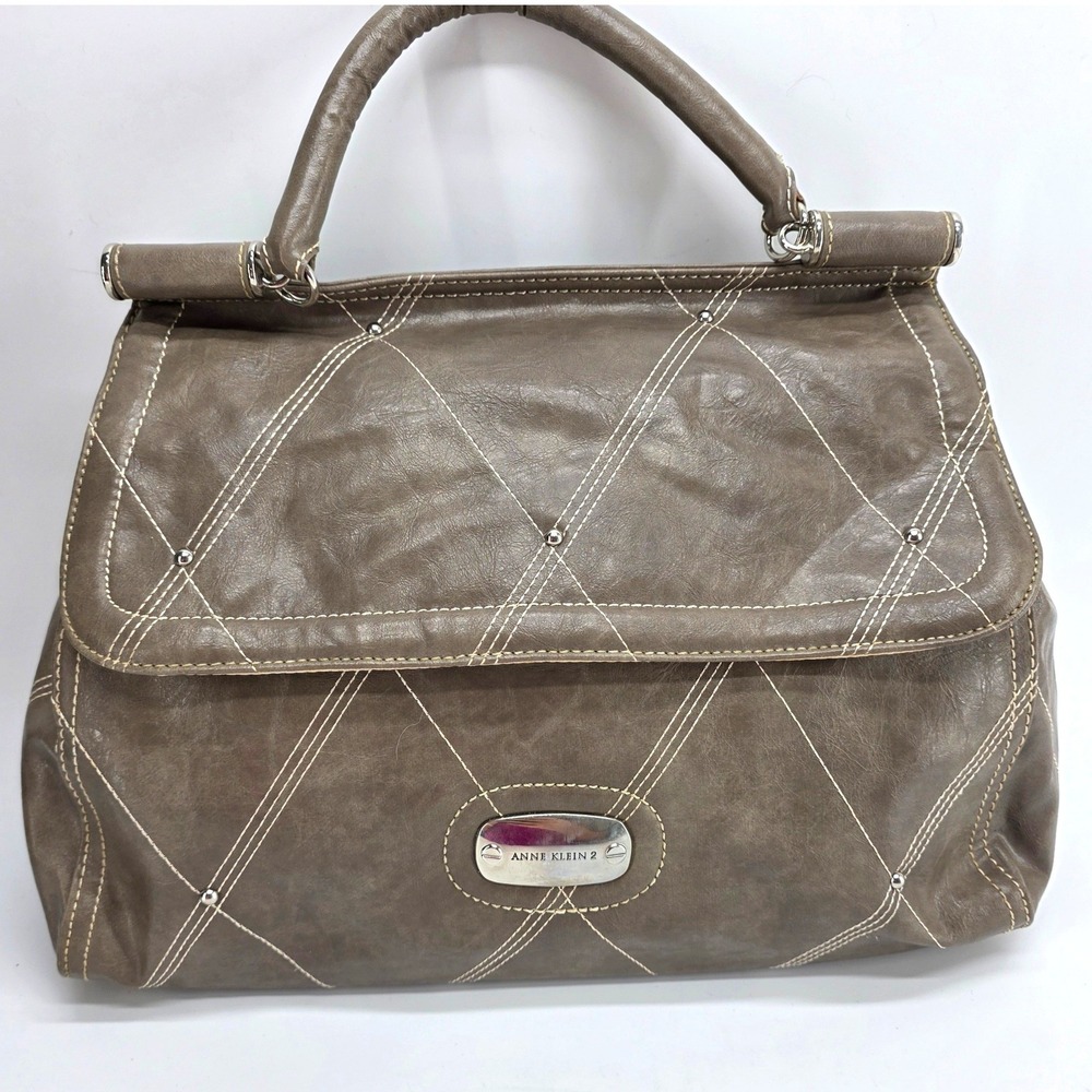 Anne Klein 2 Satchel Handbag‎ Taupe Brown Quilted Studded Vegan Leather Bag Y2K